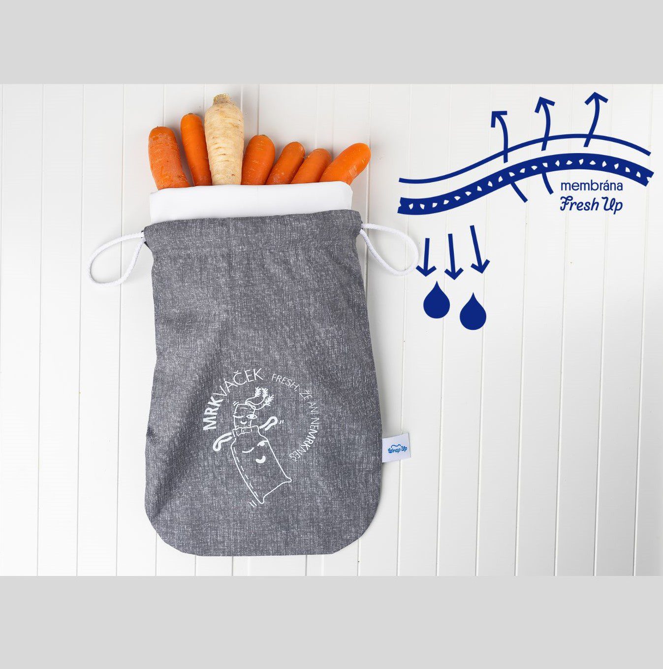 Mrkváček funkční pytlík na kořenovou zeleninu - vzor šedý s membránou a ilustrace